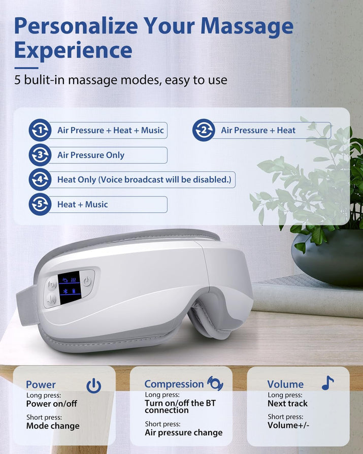 Eye Massager with Heat & Bluetooth Music, Christmas Birthday Gifts for Dad Mom Men Women, Heated Eye Mask for Migraines Relief, Reduce Strain, Headache Relief and Improve Sleep, Eye Care Device
